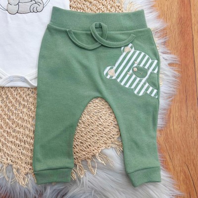  CONJ. DE MALHA 3 PEÇAS - Ursinho com Raminhos - Verde e Off White
